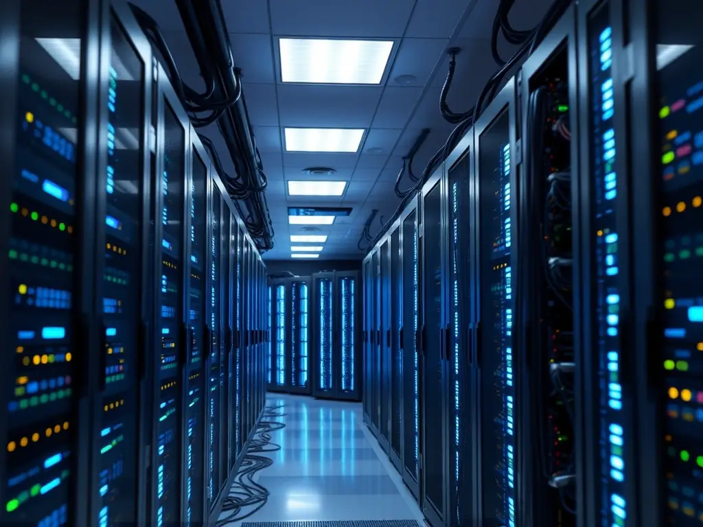 A server room environment with glowing lights and complex network connections, representing the Enterprise plan's custom integrations and dedicated support.