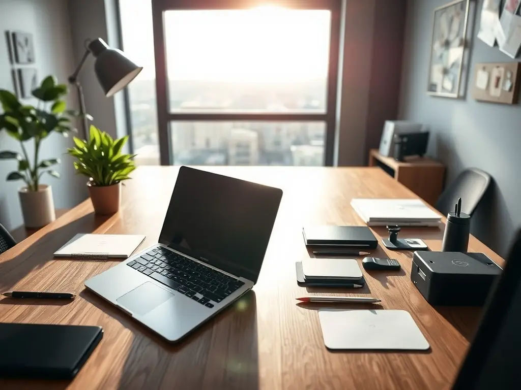 A professional workspace setup with a laptop displaying a user-friendly dashboard interface, representing the Basic plan's analytics and content management features.