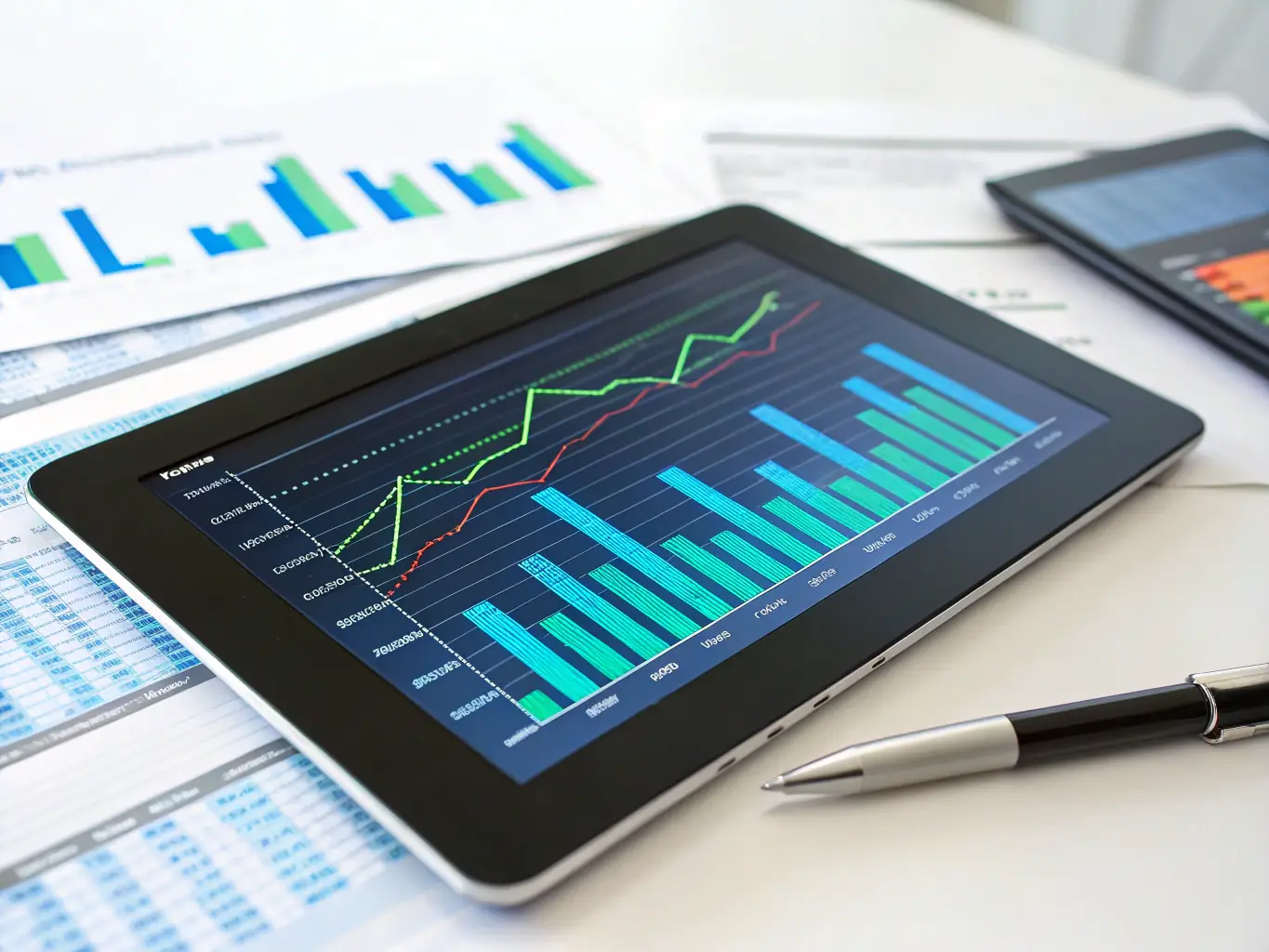 A dynamic graph showcasing advanced analytics and reporting features on a tablet, symbolizing the Pro plan's capabilities for data-driven decision-making.