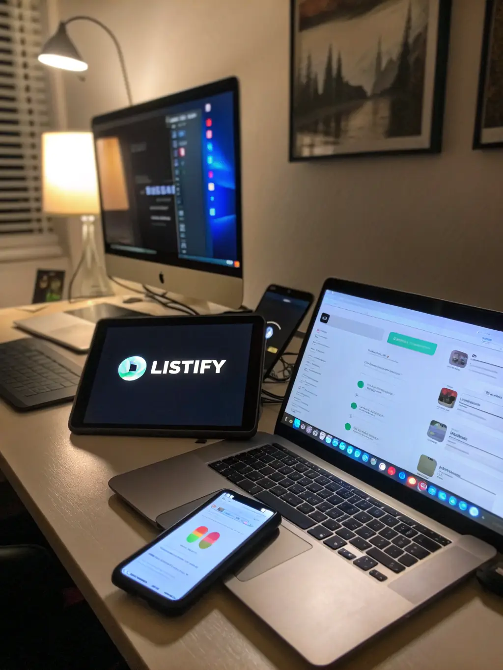 A mockup displaying the LaunchMyOTT platform on various devices, including a smart TV, tablet, smartphone, and laptop.